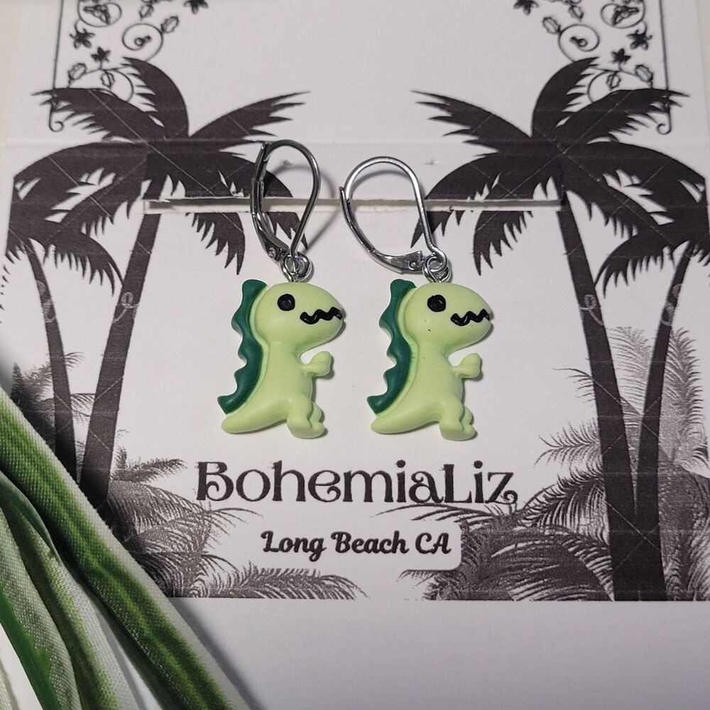 Green dinosaur Stainless Steel Leverback Hidden Meaning earrings Unique Sh  678■